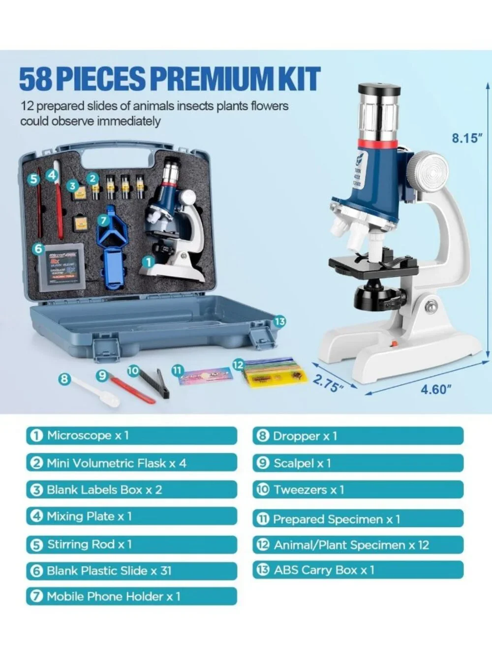 58-Piece Kids Microscope Kit with LED Light, 100X-1200X Magnification, STEM Gift